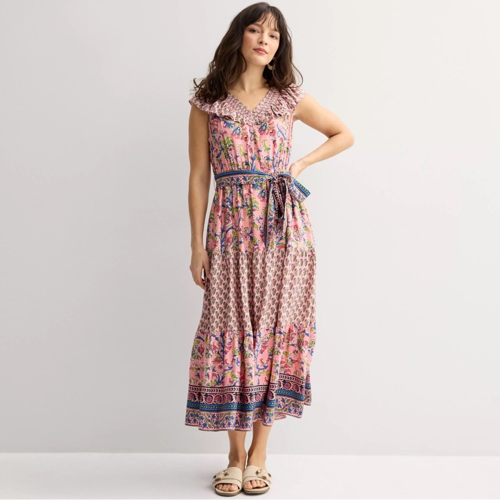 Farmer’s Market Boho Pink And Blue Tie Back Ruffle Maxi Dress NWOT Small Medium